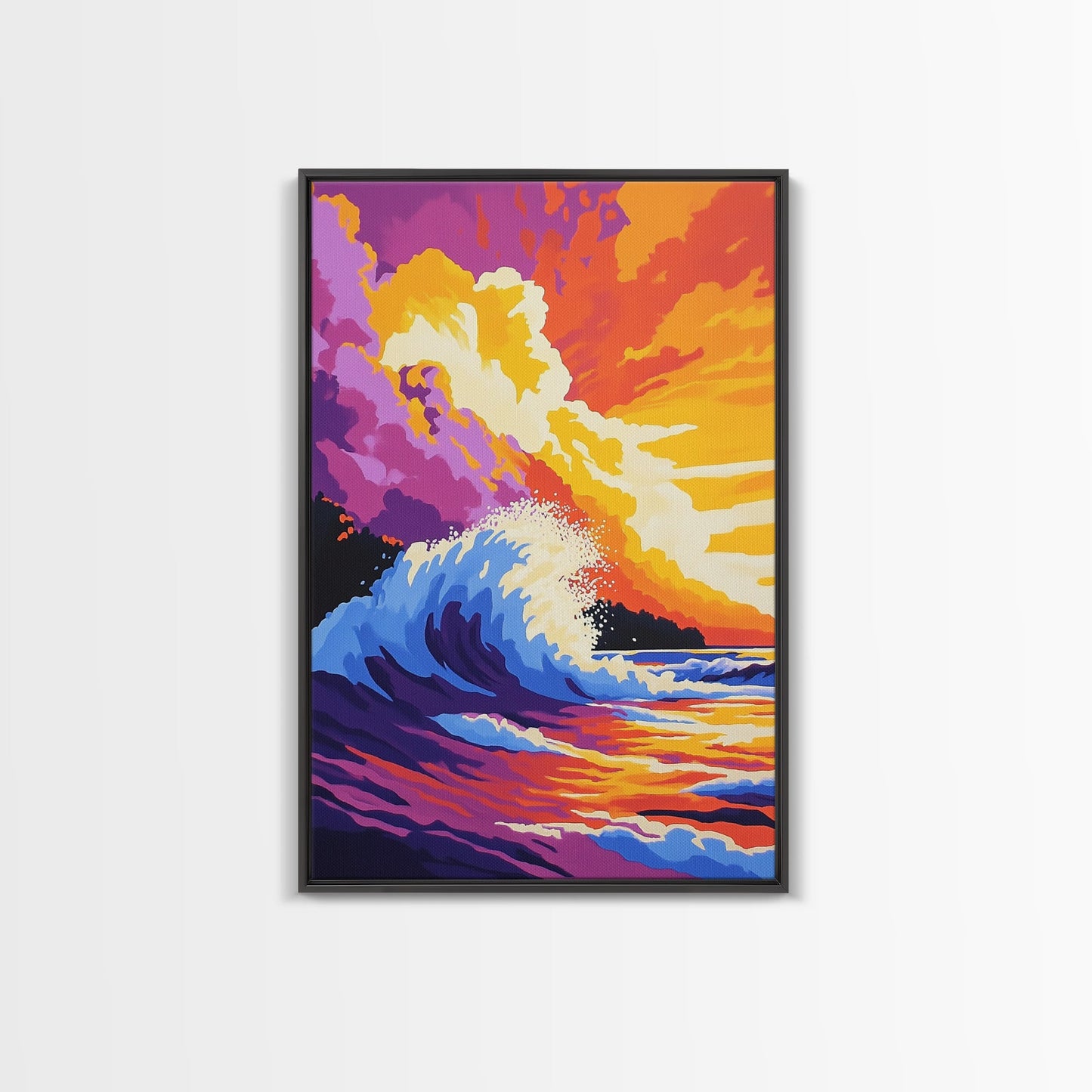 Powerful Ocean Wave, Surfing Wall Art, Vibrant Sunset Seascape, Coastal Home Decor, Framed Canvas Print, Beach House Living Room Art