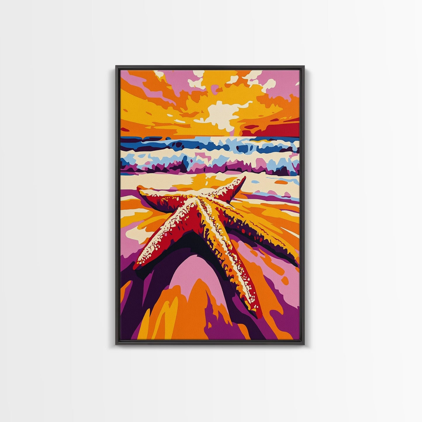 Starfish Beach, Ocean Sunset, Coastal Decor, Framed Canvas Print, Nautical Wall Art, Beach House Decor, Vibrant Painting, Summer Vibes