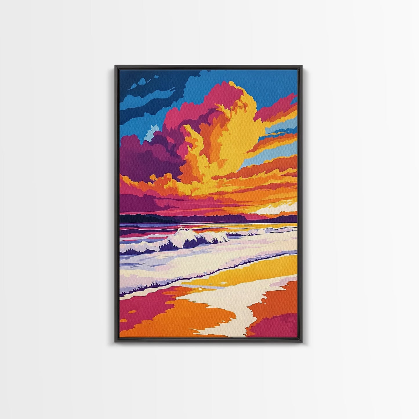 Beach Sunset, Vibrant Waves, Ocean Wall Art, Coastal Decor, Framed Canvas Print, Tropical Art, Living Room Art, Summer Aesthetic