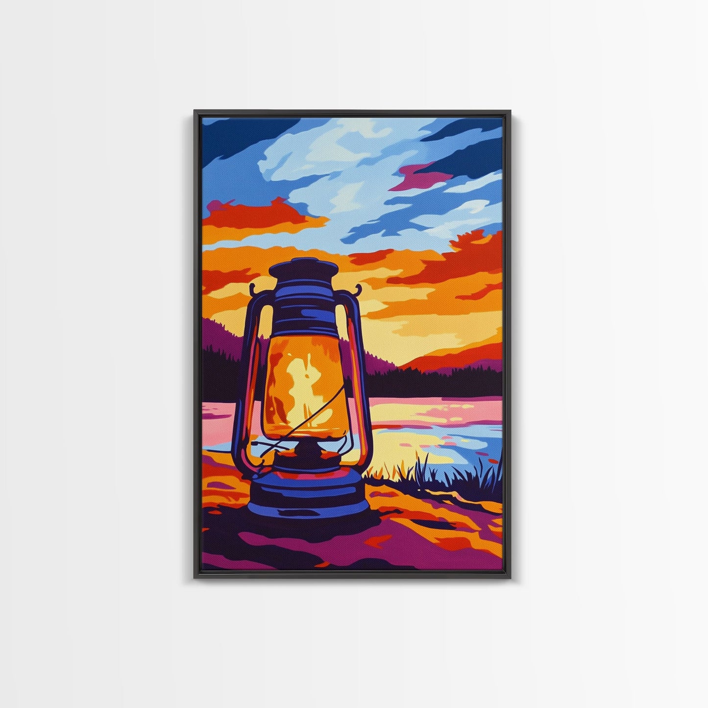Lantern Glow, Rustic Camping Art, Warm Night Scene, Sunset Painting, Framed Canvas Print, Cabin Wall Art, Nature Decor, Outdoor Aesthetic