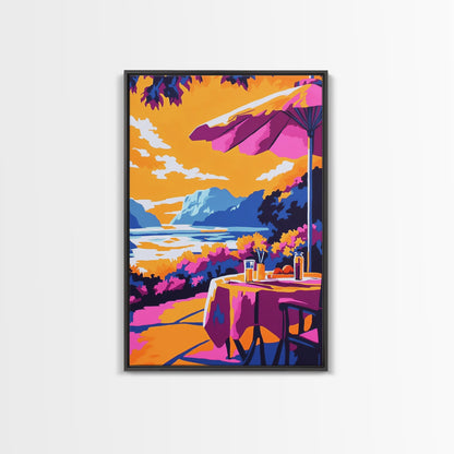 Outdoor Dining, Scenic View, Summer Patio Art, Relaxing Wall Decor, Cafe Scene, Vacation Aesthetic, Framed Canvas Print, Gift Idea