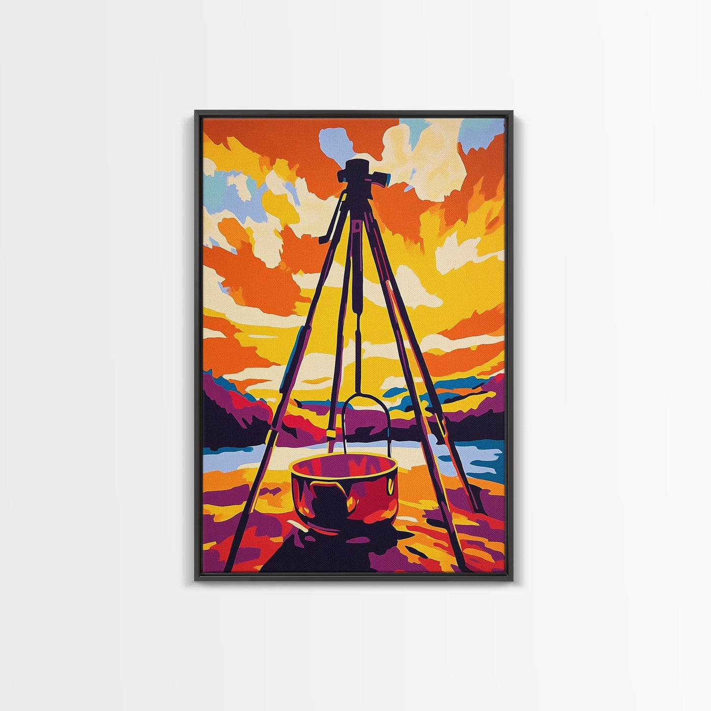 Camping Scene, Outdoor Cooking, Rustic Wall Art, Adventure Home Decor, Wilderness Aesthetic, Nature Inspired, Framed Canvas Print