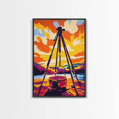 Camping Scene, Outdoor Cooking, Rustic Wall Art, Adventure Home Decor, Wilderness Aesthetic, Nature Inspired, Framed Canvas Print