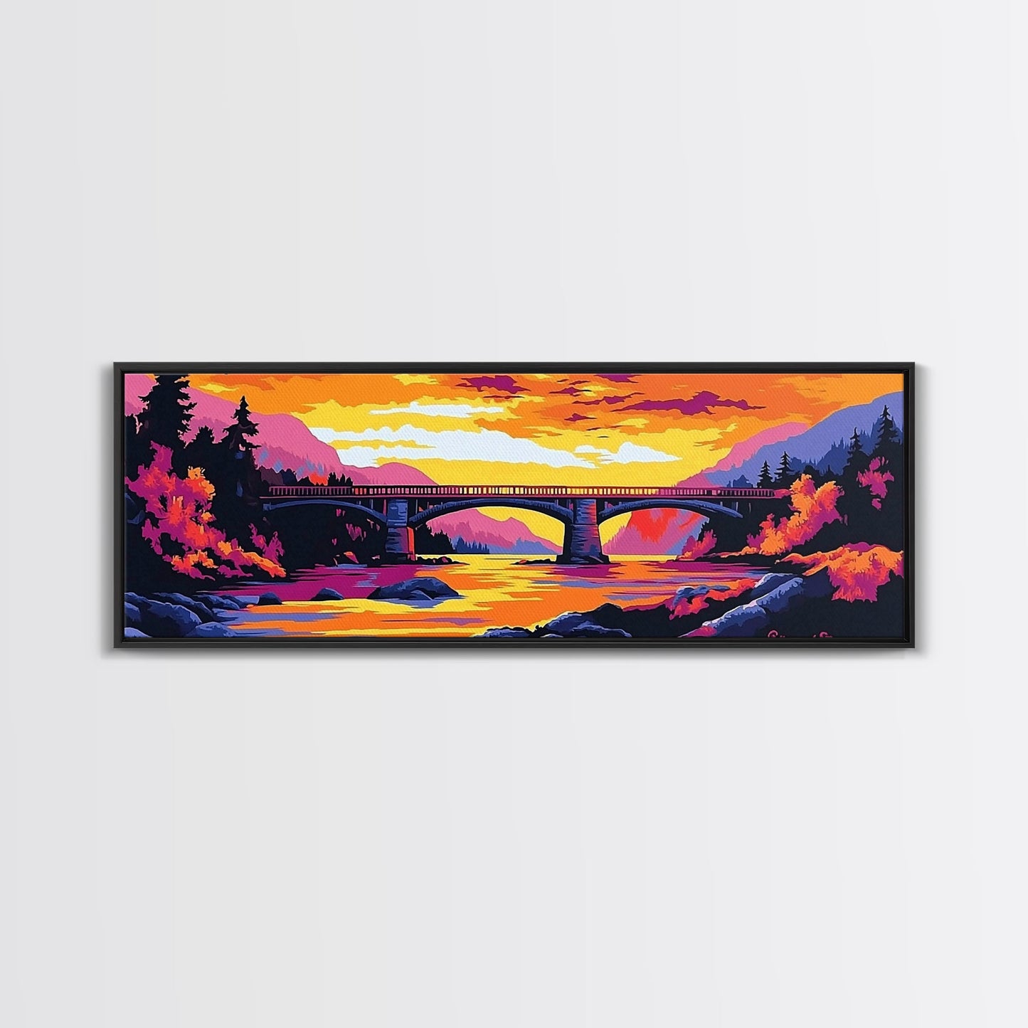 Stone Bridge, River Sunset, Autumn Art, Nature Scene, Living Room Wall Art, Colorful Home Decor, Canvas Print, Modern Landscape