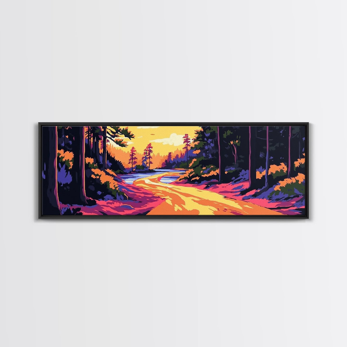 Forest Path, Scenic River, Golden Sunset, Framed Canvas Print, Rustic Home Decor, Nature Landscape Art, Cozy Cabin Decor, Fall Aesthetic