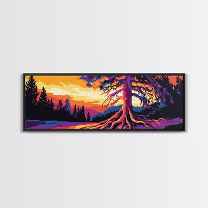 Lebendiger Baum, Sonnenuntergangsmotiv, gerahmter Leinwanddruck, Natur-Wanddeko, psychedelische Kunst, Boho-Landschaft, großes Wandbild, Bürodekoration