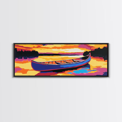 Canoe, Sunset, Water, Framed Canvas Print, Vibrant Lake Art, Nature Wall Art, Rustic Decor, Adventure Art, Cabin Wall Art, Autumn Artwork
