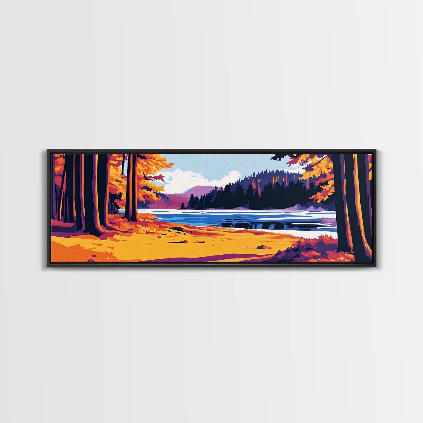 Autumn Forest, Lake View, Rustic Cabin Decor, Nature Lover Print, Fall Season Art, Framed Canvas Print, Cozy Living Room Wall Art