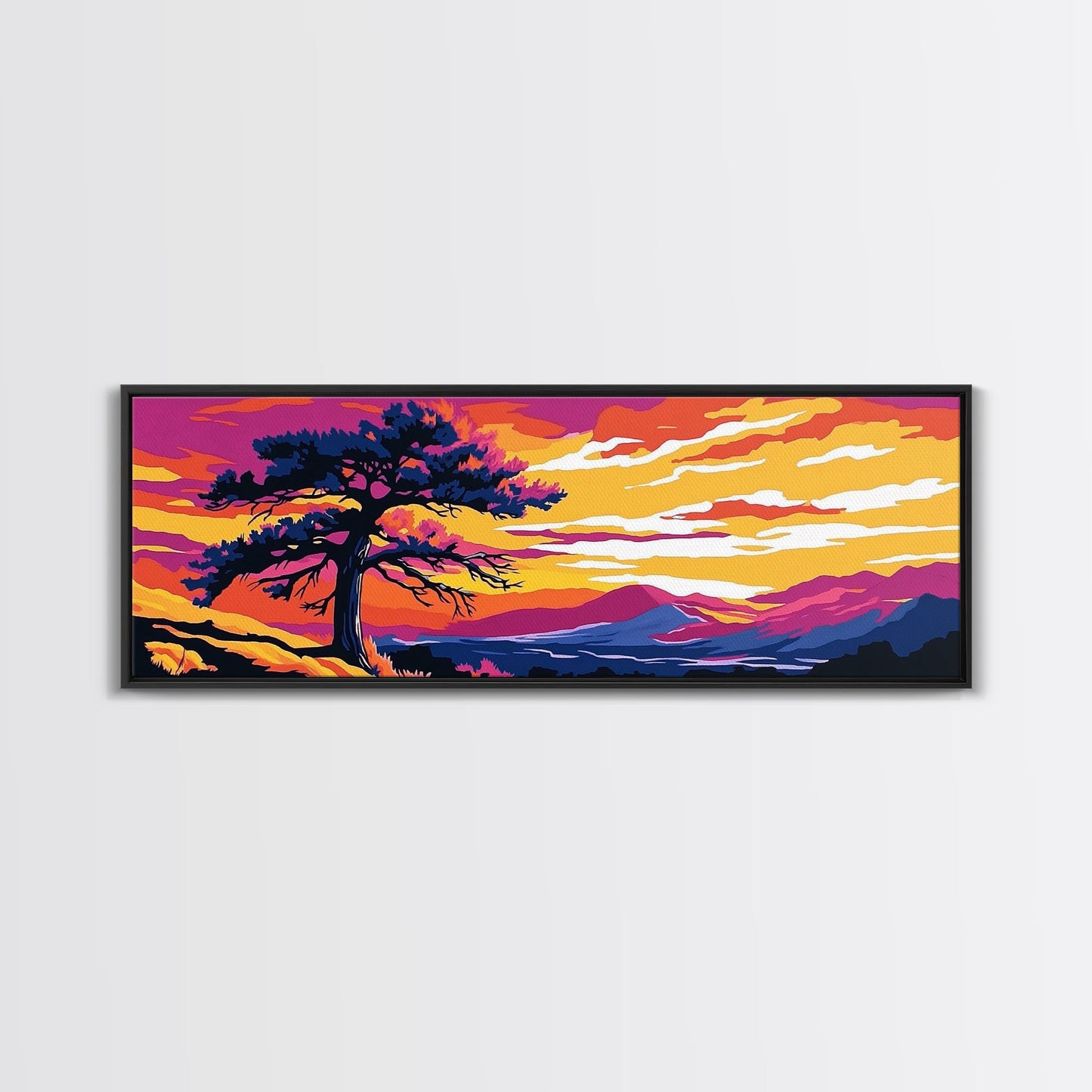 Lone Tree Art, Sonnenuntergangslandschaft, Naturwanddeko, Bergblick, Rustikale Wohnkunst, Südwest-Ästhetik, Großes Wandbild, Leinwanddruck