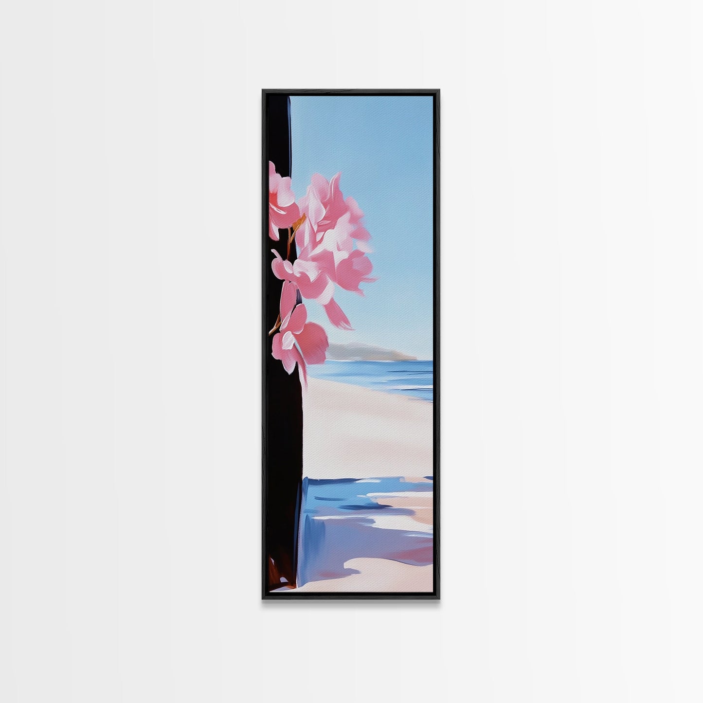 Blossom Beach, Floral Coastal Art, Pink and Blue Decor, Modern Seascape, Romantic Spring Aesthetic, Dreamy Nature Scene, Canvas Print