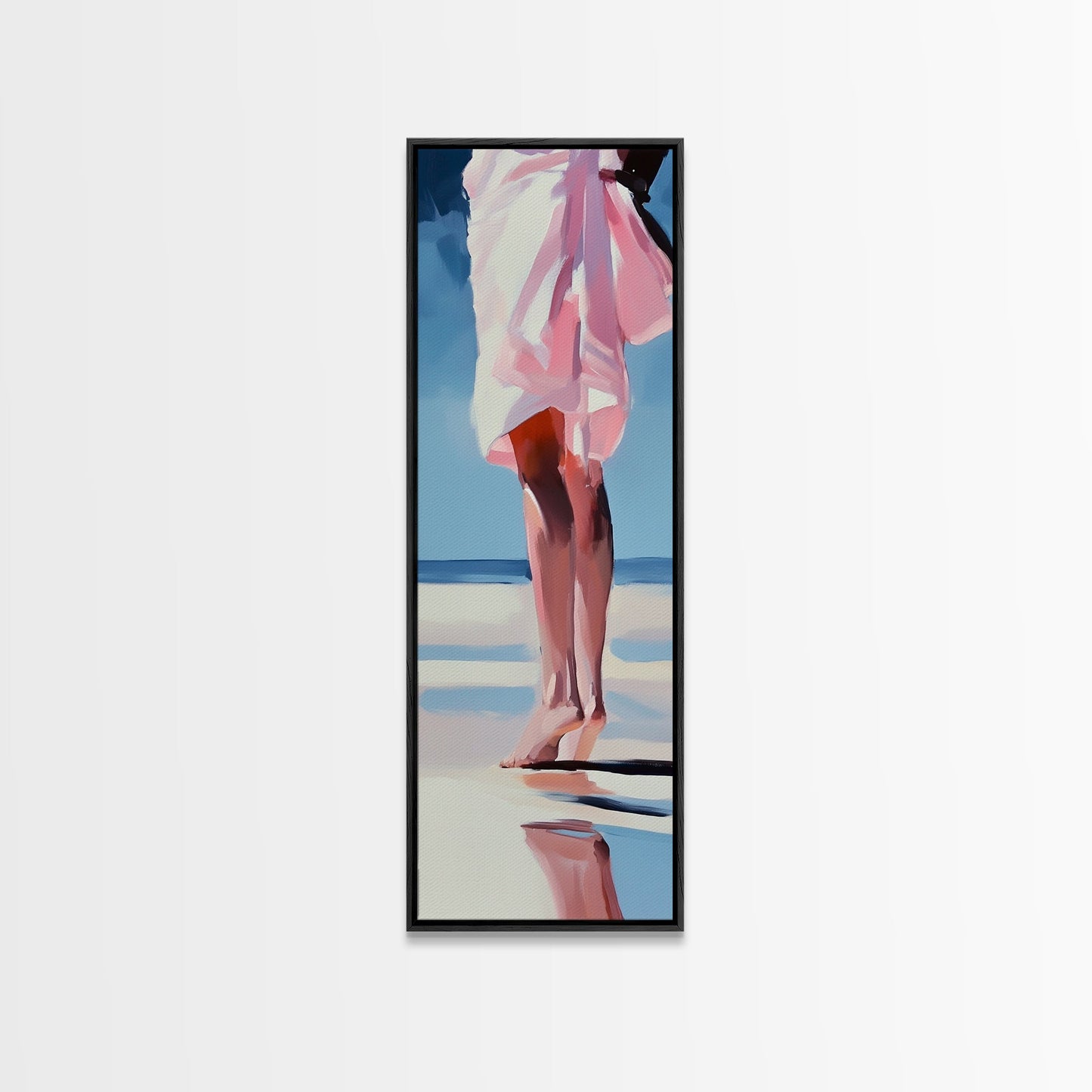 Barefoot Beach Walk, Pink Dress, Coastal Elegance, Framed Canvas Print, Summer Art, Bedroom or Entryway Decor, Relaxing Aesthetic