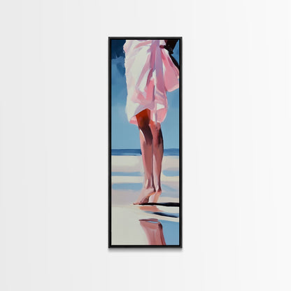 Barefoot Beach Walk, Pink Dress, Coastal Elegance, Framed Canvas Print, Summer Art, Bedroom or Entryway Decor, Relaxing Aesthetic
