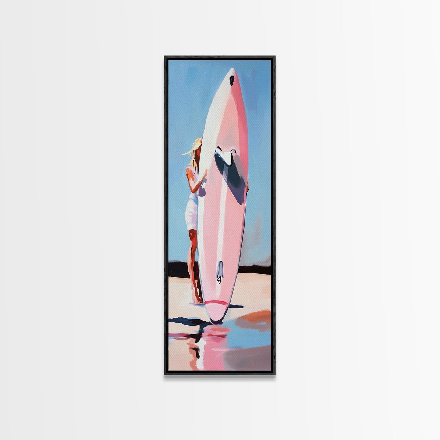 Surfbrett-Mädchen, Sommerstrand, Küstenästhetik, Leinwanddruck, Boho-Wandkunst, Minimalistisches Gemälde, Wohnzimmerdeko, Geschenk, Pastell