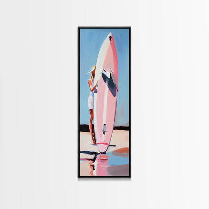 Surfbrett-Mädchen, Sommerstrand, Küstenästhetik, Leinwanddruck, Boho-Wandkunst, Minimalistisches Gemälde, Wohnzimmerdeko, Geschenk, Pastell