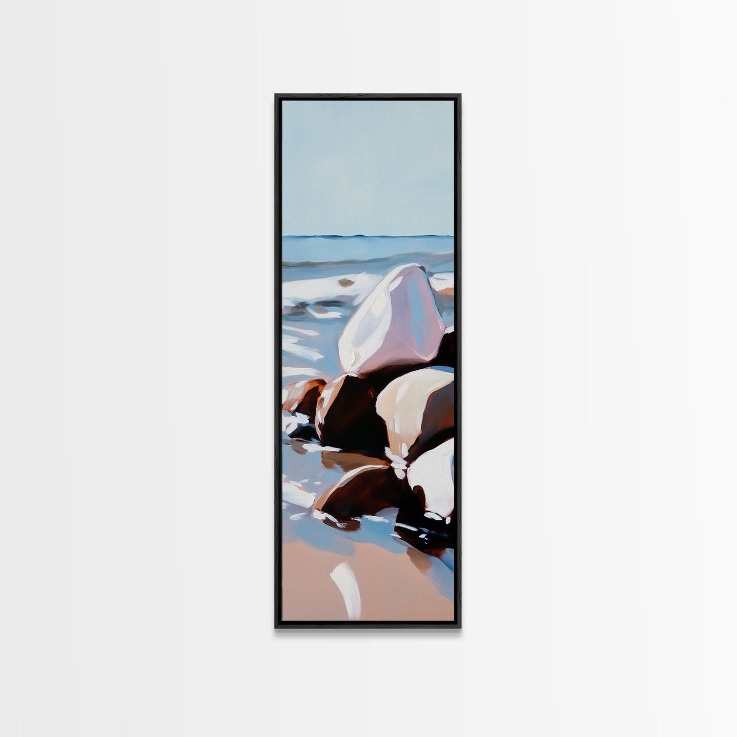Ocean Rocks, Serene Shore, Tranquil View, Framed Canvas Print, Coastal Wall Art, Minimalist Painting, Bathroom Decor, Zen Art, Gift