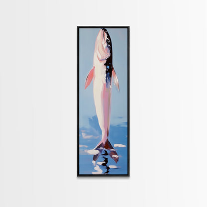 Fish, Water, Minimalist Art, Ocean, Coastal Decor, Marine Life, Blue, White, Kitchen Wall Art, Framed Canvas Print