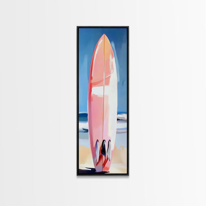 Pinkes Surfbrett, Strandhaus-Kunst, Küstenästhetik, Surfer-Lifestyle, Sommerfeeling, Gerahmter Leinwanddruck mit Ozeanmotiv, Moderne Wanddekoration