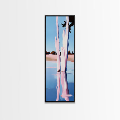 Pink Trees, Lake Reflection, Minimalist Nature, Calm Water Scene, Soft Pastel Wall Art, Tranquil Framed Canvas Print, Zen Home Decor