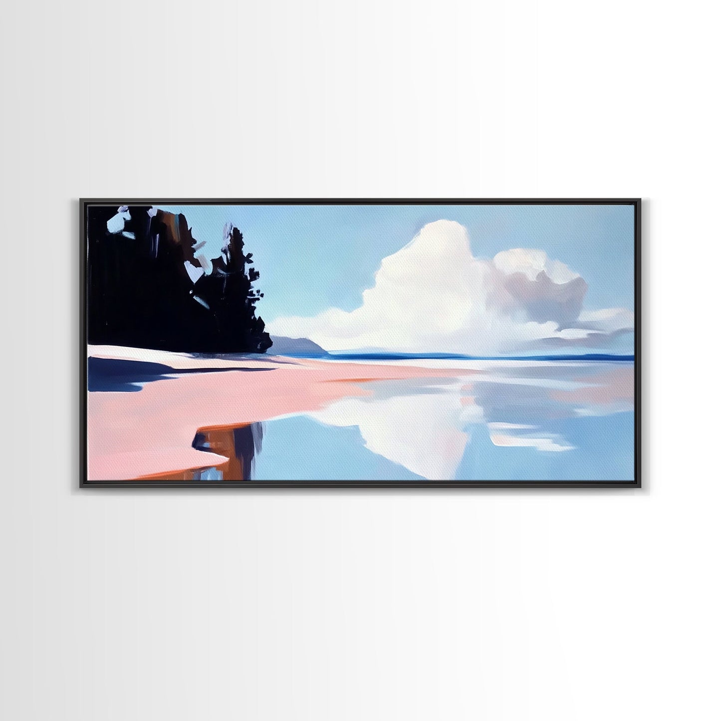 Bewölkte Meereslandschaft mit Spiegelung, ruhiger Küstendruck, minimalistische Meeresdekoration, sanfte Pastelllandschaft, Zen-Kunst für Zuhause, gerahmter Leinwanddruck fürs Schlafzimmer