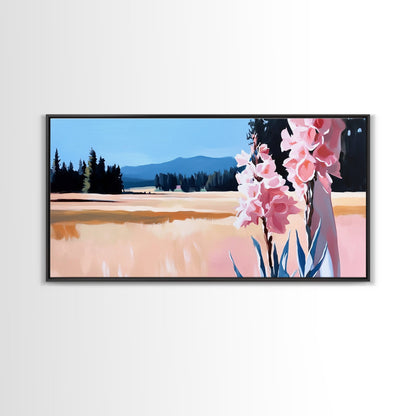 Rosa Blumen, Naturlandschaft, Wandbild im Landhausstil, Blumenästhetik, Boho-Dekor, Schlafzimmer-Wandbild, Minimalistische Kunst, Leinwanddruck