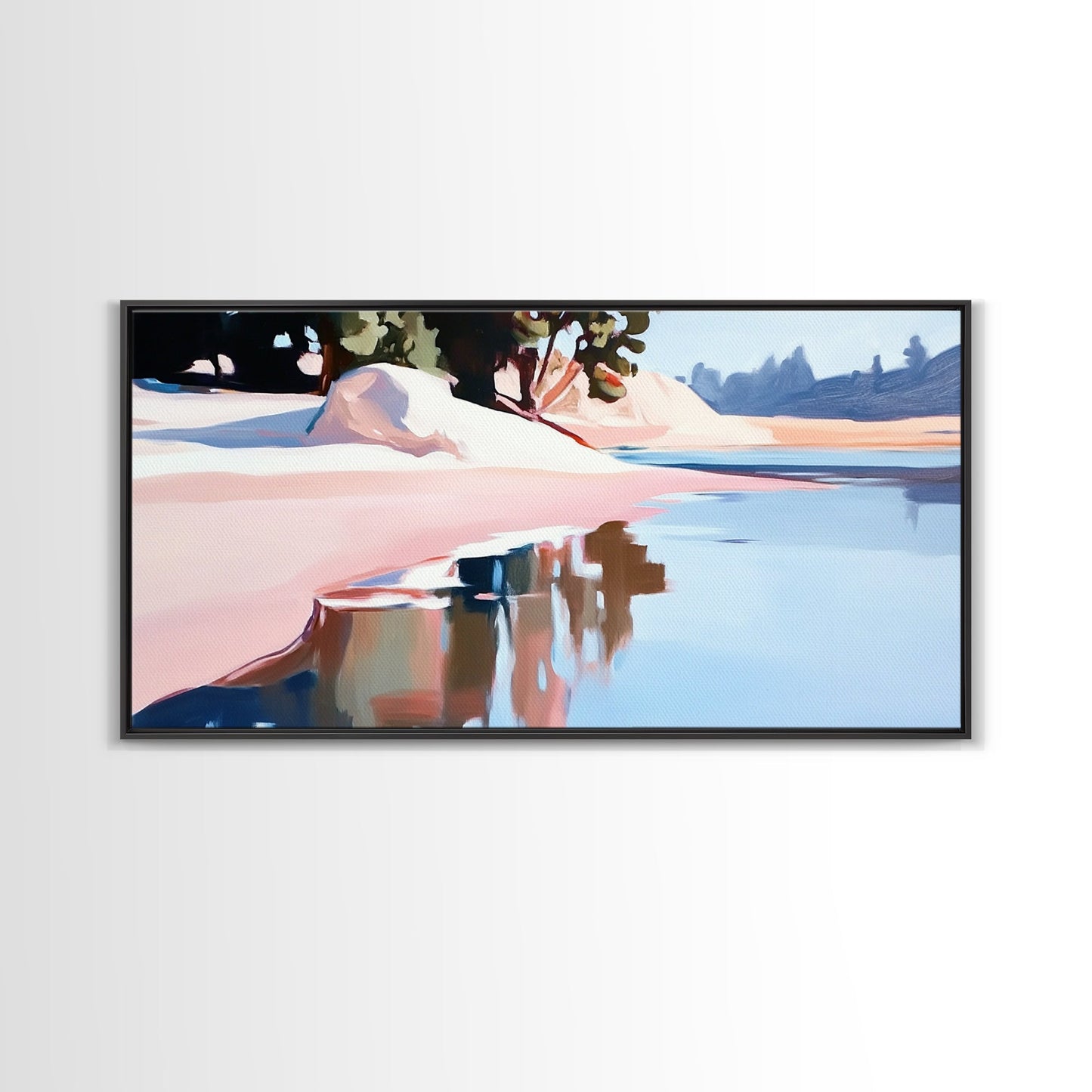 Küstenbaum, Dachüberstand, Leinwanddruck, vom Meer inspirierte Dekoration, moderne Strandwandkunst, pastellfarbene Meereslandschaft, ruhige Szenerie, tropisches Flair