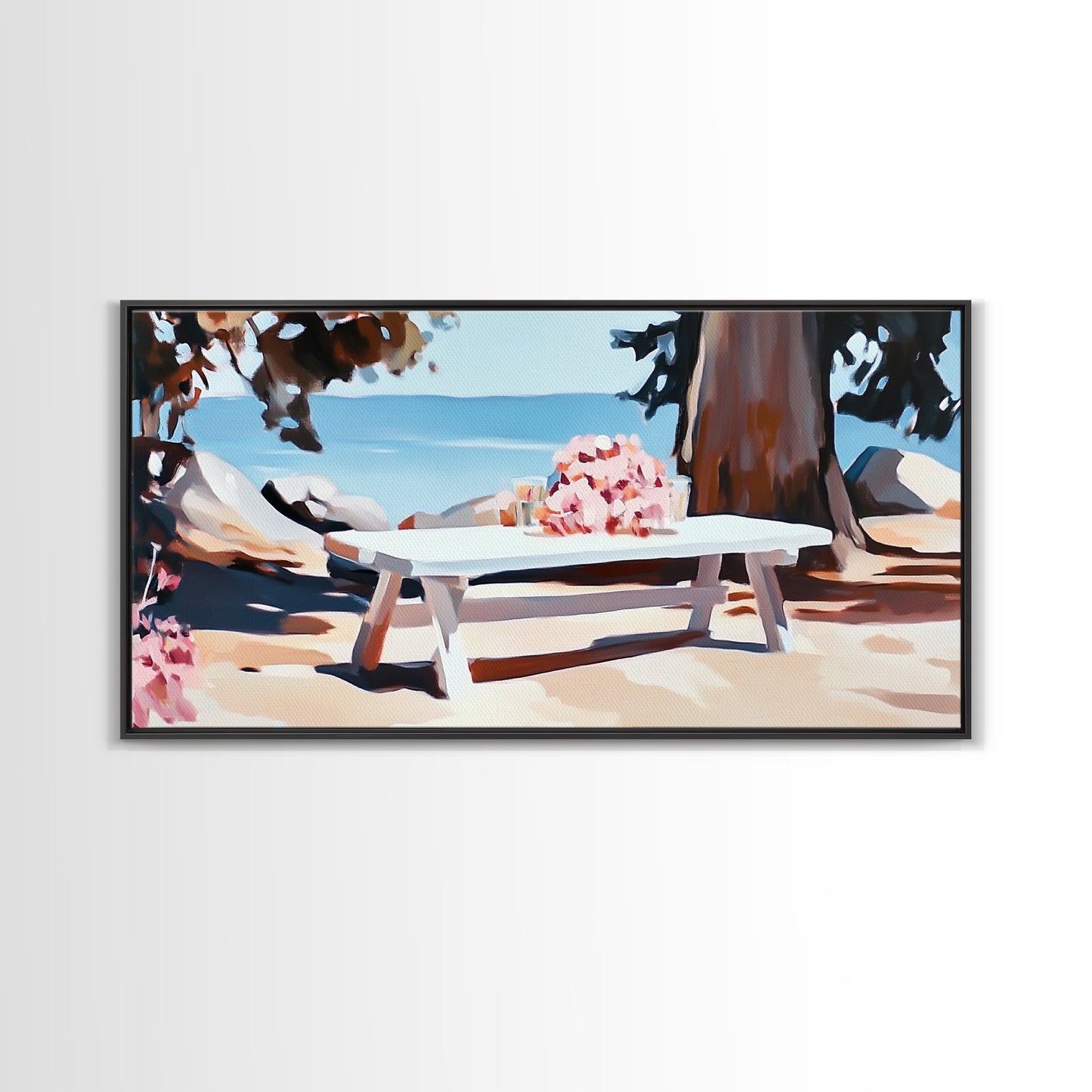 Strandpicknick, Essen am Meer, Sommerliche Wandbilder, Gerahmter Leinwanddruck, Küstendeko, Entspannende Atmosphäre, Küchenkunst, Maritime Ästhetik