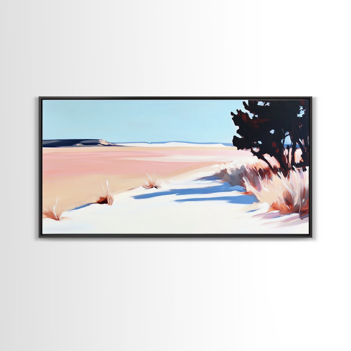 Wüstenpfad, minimalistische Landschaftskunst, warmer Pastelldruck, erdige Ästhetik, rustikale Wanddekoration, Schlafzimmerkunst, Leinwanddruck