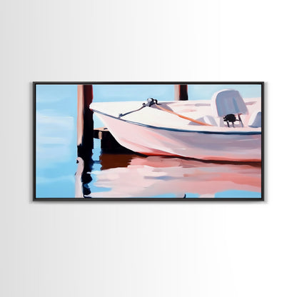 Segelboot-Ruhe, Nautische Kunst, Minimalistischer Boho-Stil, Blaue Küstendekoration, Spiegelung im ruhigen Wasser, Gelassene Ästhetik, Leinwanddruck, Eingangsbereich