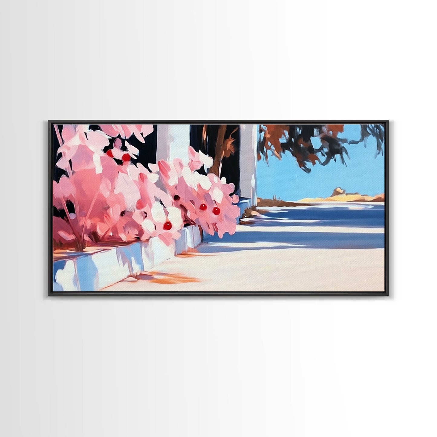 Flowers, Sunlit Walkway, Mediterranean Style Art, Floral Painting, Romantic Landscape, Framed Canvas Print, Outdoor Wall Art, Pastel Tones