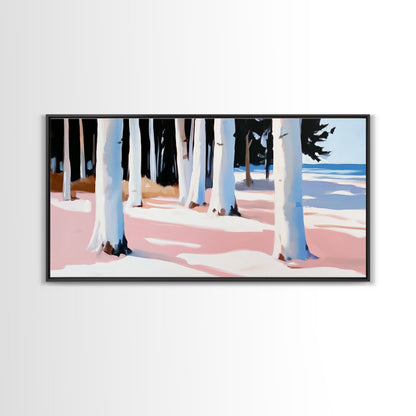 Wald am Ufer, Küstenbäume, Naturkunst, Leinwanddruck, Ruhige Wanddekoration, Wohnzimmerkunst, Strandhausgemälde, Minimalistische Kunst