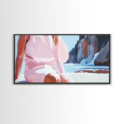 Beach Woman, Summer Aesthetic, Ocean Fashion, Boho Wall Art, Framed Canvas Print, Coastal Beauty, Modern Beach House Decor, Minimalist Artwork