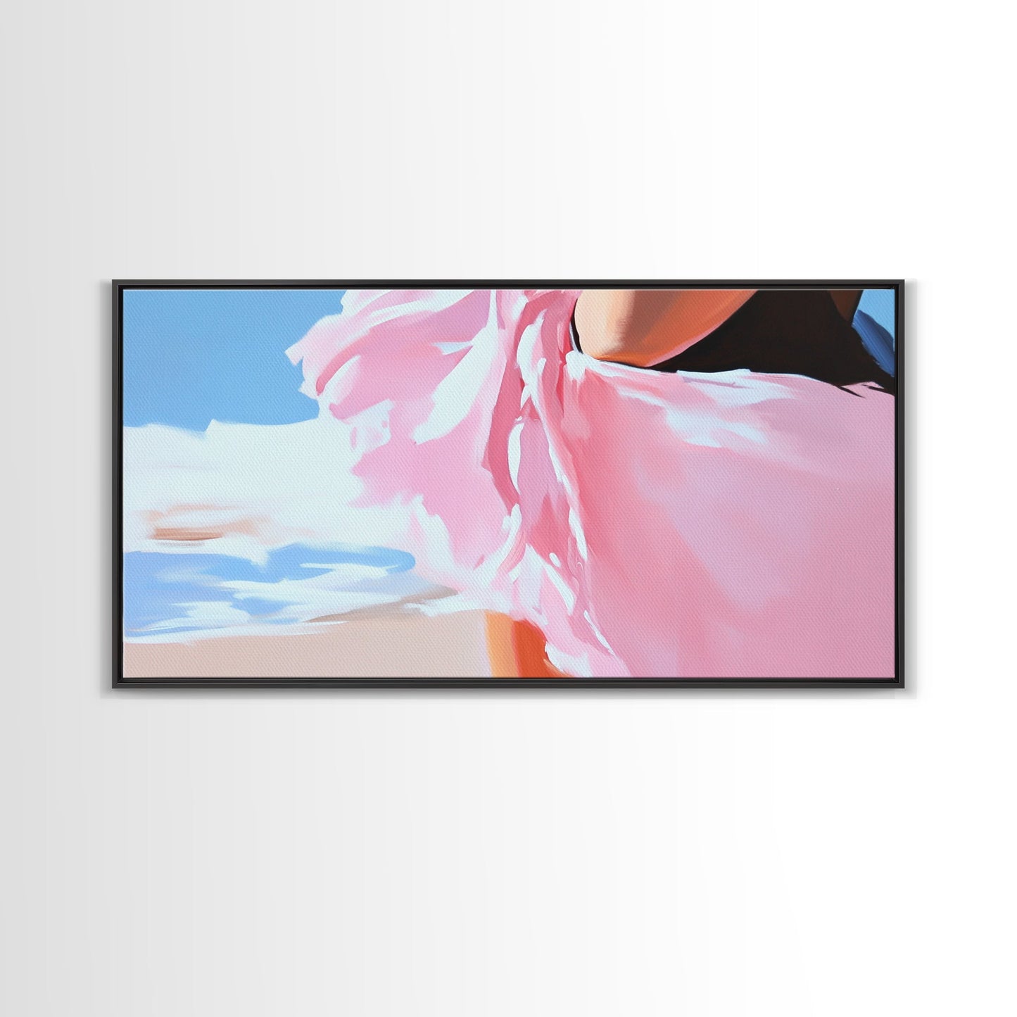 Fließendes Kleid, Strandwind, feminine Eleganz, modische Wandkunst, gerahmter Leinwanddruck, Meeresbrise, moderne Wohndekoration, zartrosa Ästhetik