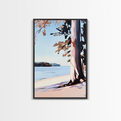 Lakeside Tree, Framed Canvas Print, Nature Wall Art, Serene Landscape, Beach House Decor, Tranquil Painting, Living Room Accent