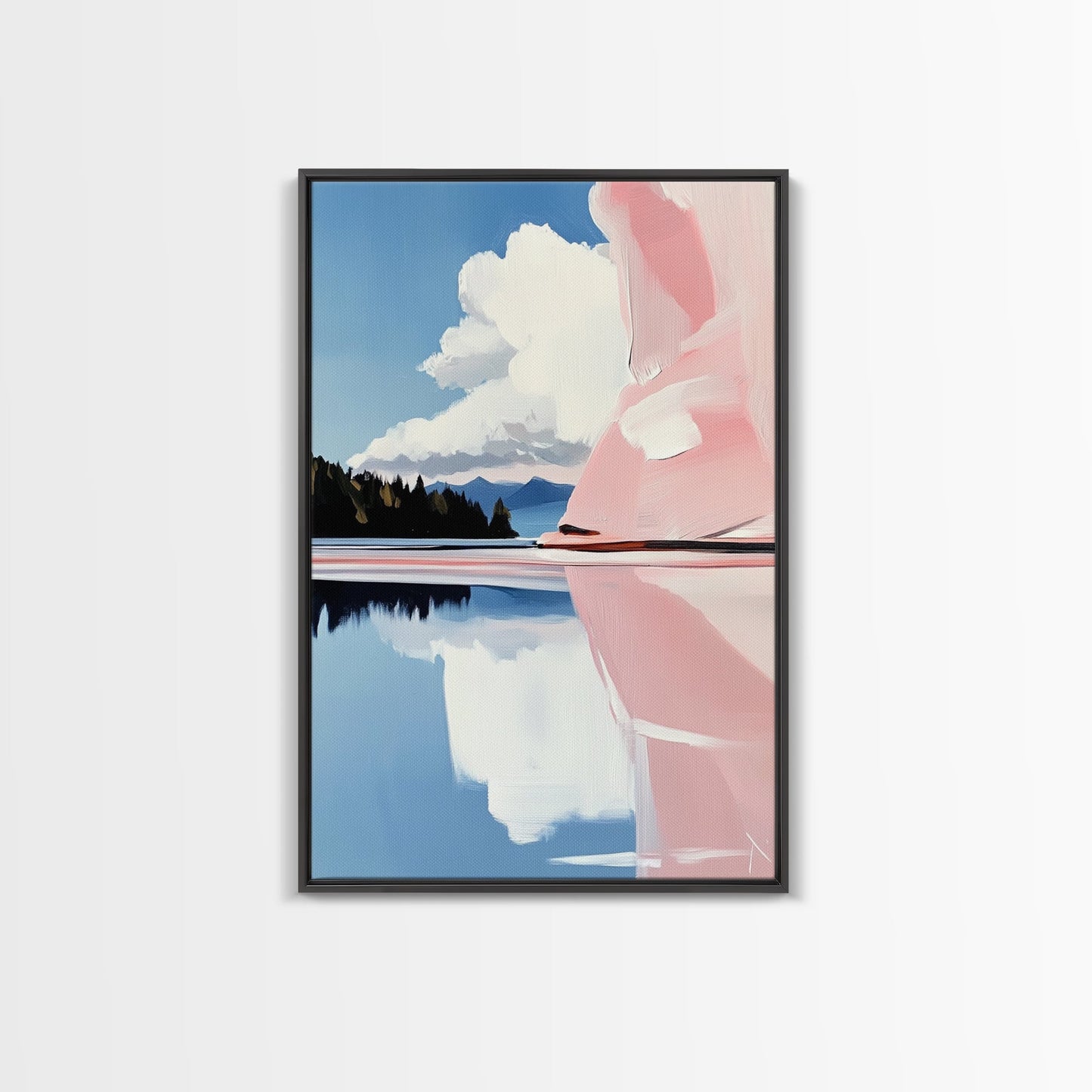 Pink Rock Reflection, Abstract Landscape, Serene Water Art, Framed Canvas Print, Modern Wall Decor, Minimalist Nature, Living Room Art