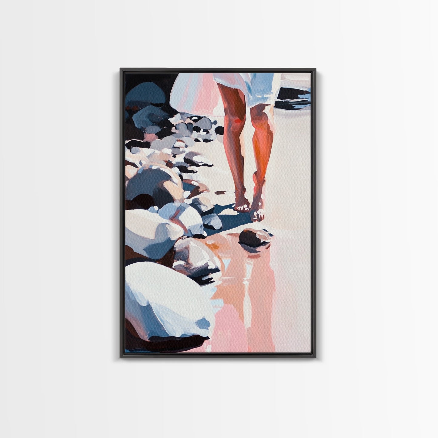 Walking on Rocks, Coastal Reflection, Beach Serenity, Soft Pastel Art, Framed Canvas Print, Nature Home Decor, Modern Wall Art