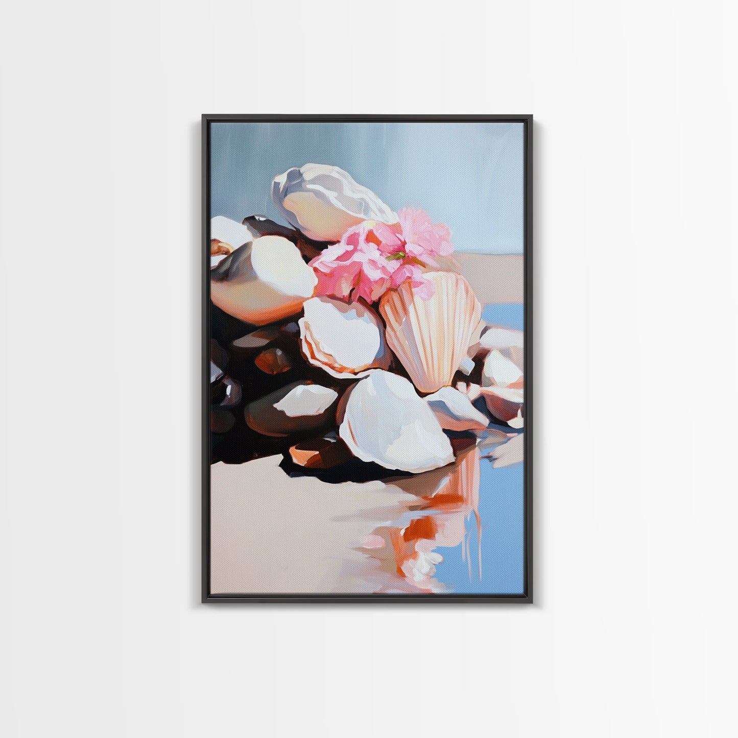 Seashell Collection, Beach Treasures, Coastal Aesthetic, Nautical Wall Art, Framed Canvas Print, Ocean Decor, Living Room Artwork