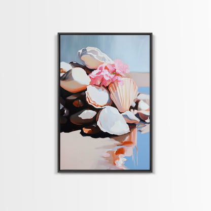 Seashell Collection, Beach Treasures, Coastal Aesthetic, Nautical Wall Art, Framed Canvas Print, Ocean Decor, Living Room Artwork