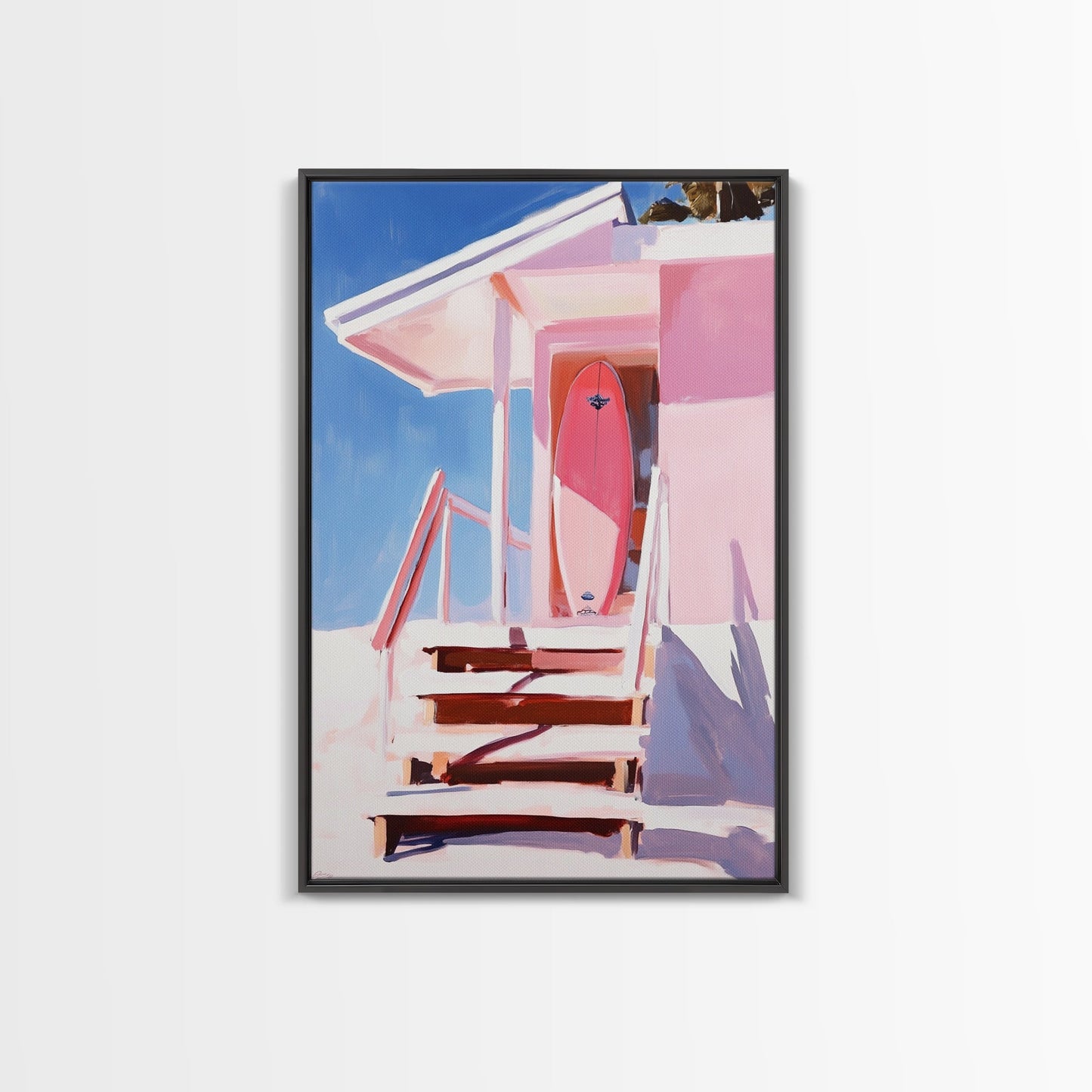 Surf Shack, Tropical Beach House Art, Framed Canvas Print, Pink Coastal Decor, Summer Vibes Wall Art, Relaxing Ocean Painting, Boho Chic