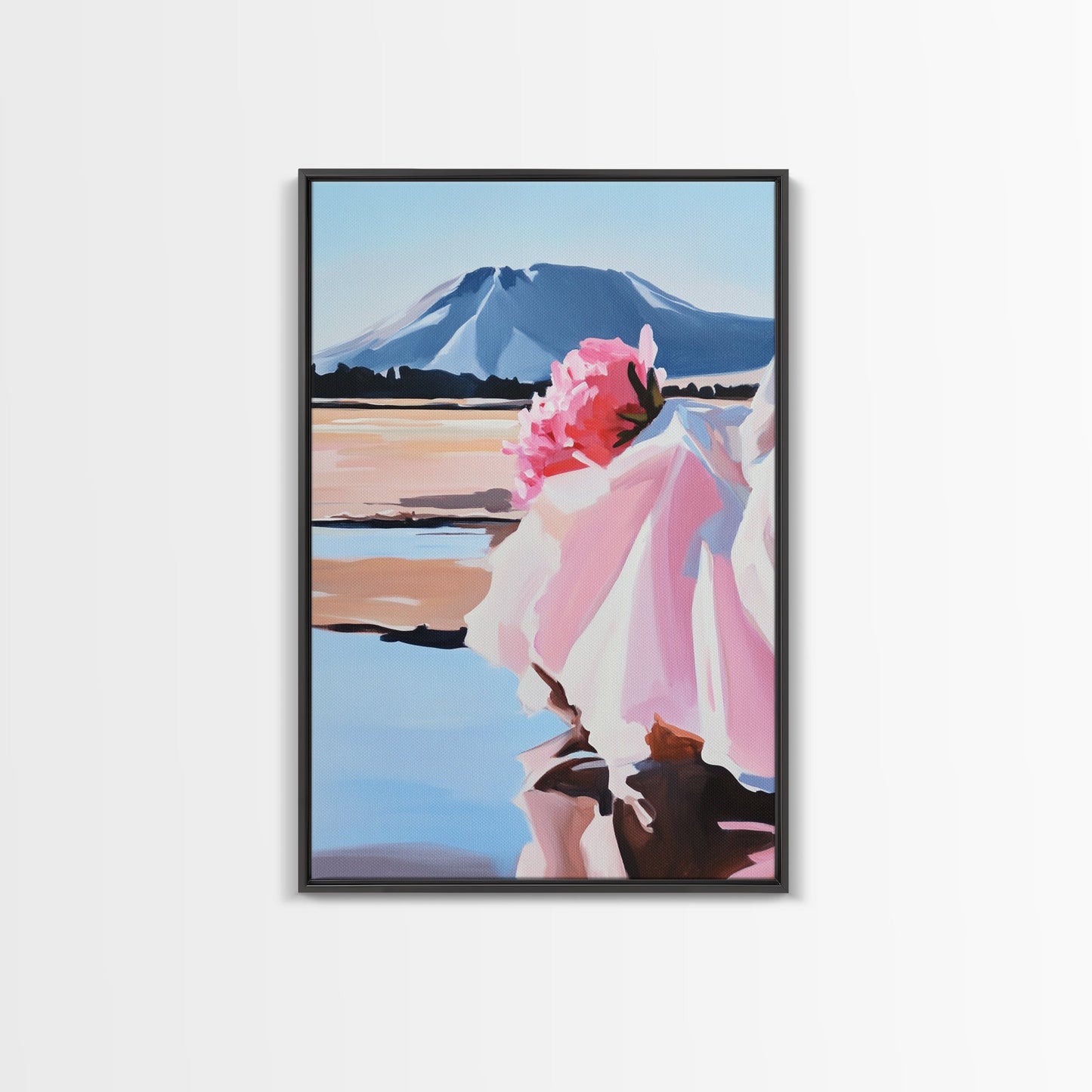 Floral, Pink Bouquet, Nature Art, Framed Canvas Print, Feminine Wall Decor, Boho Home Art, Blue Painting, Living Room Wall Art