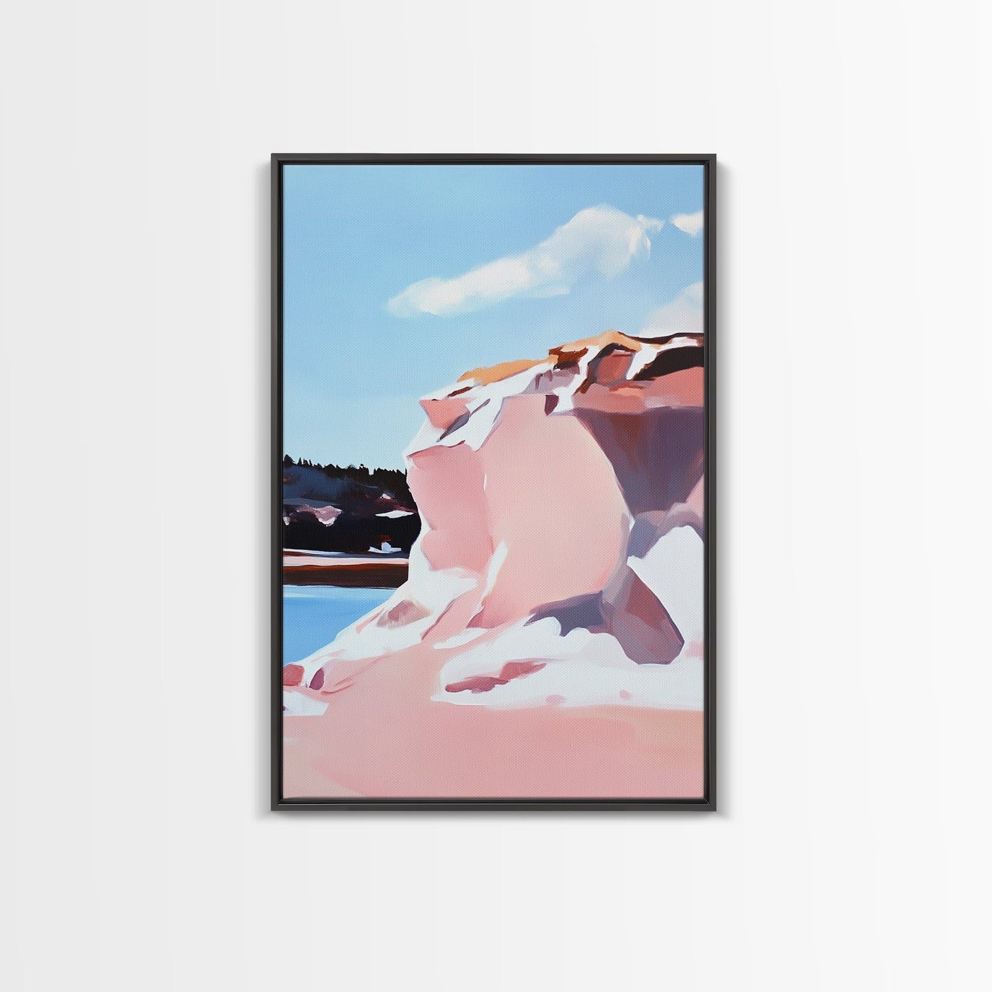 Pink Cliffs, Coastal Beauty, Ocean Landscape, Soft Pastel Art, Nature Inspired, Tranquil Scenery, Boho Wall Art, Framed Canvas Print