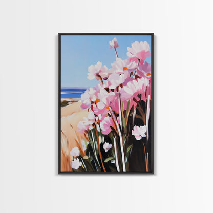 Coastal Flowers, Pink Daisy Art, Floral Beach Decor, Framed Canvas Print, Modern Boho Wall Art, Bedroom Artwork, Summer Aesthetic