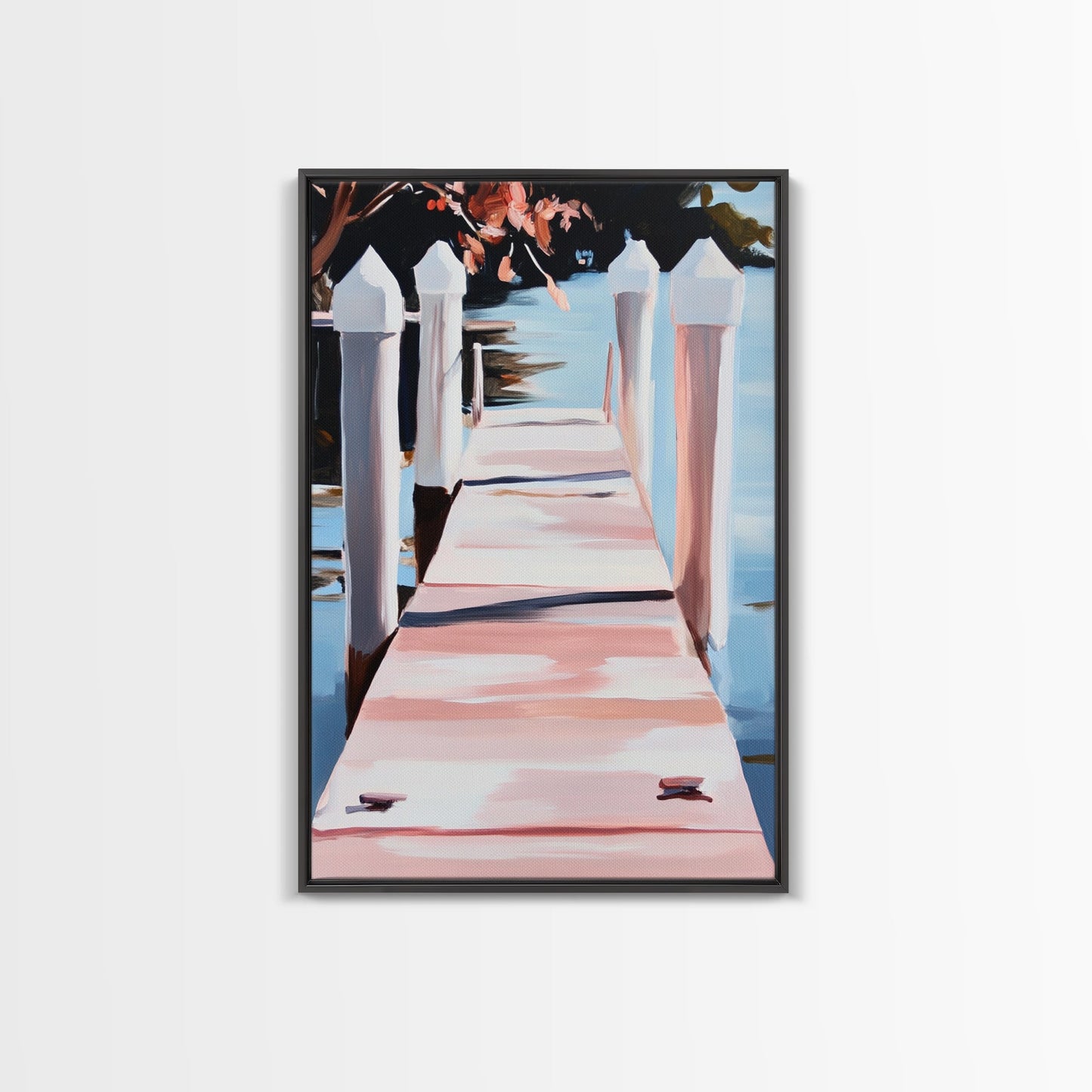 Serene Dock, Waterside Retreat, Nautical Art, Coastal Living, Summer Wall Decor, Bedroom or Office Art, Framed Canvas Print