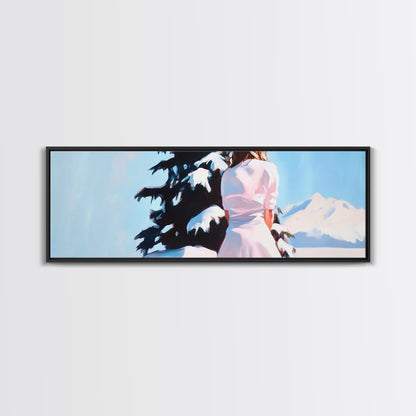 Winter Scene, Snowy Pines, Woman Outdoors, Framed Canvas Print, Christmas Wall Art, Cozy Winter Decor, Rustic Cabin Art, Nature