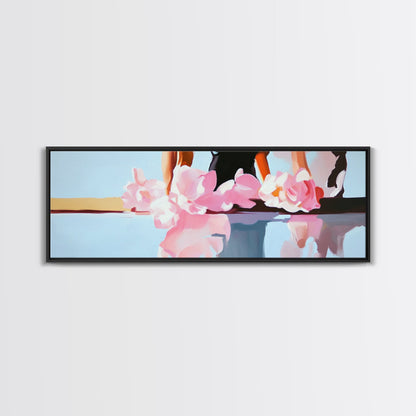 Floral Reflections, Pink Blossoms, Water Mirror, Framed Canvas Print, Feminine Wall Art, Elegant Bedroom Decor, Pastel Aesthetic