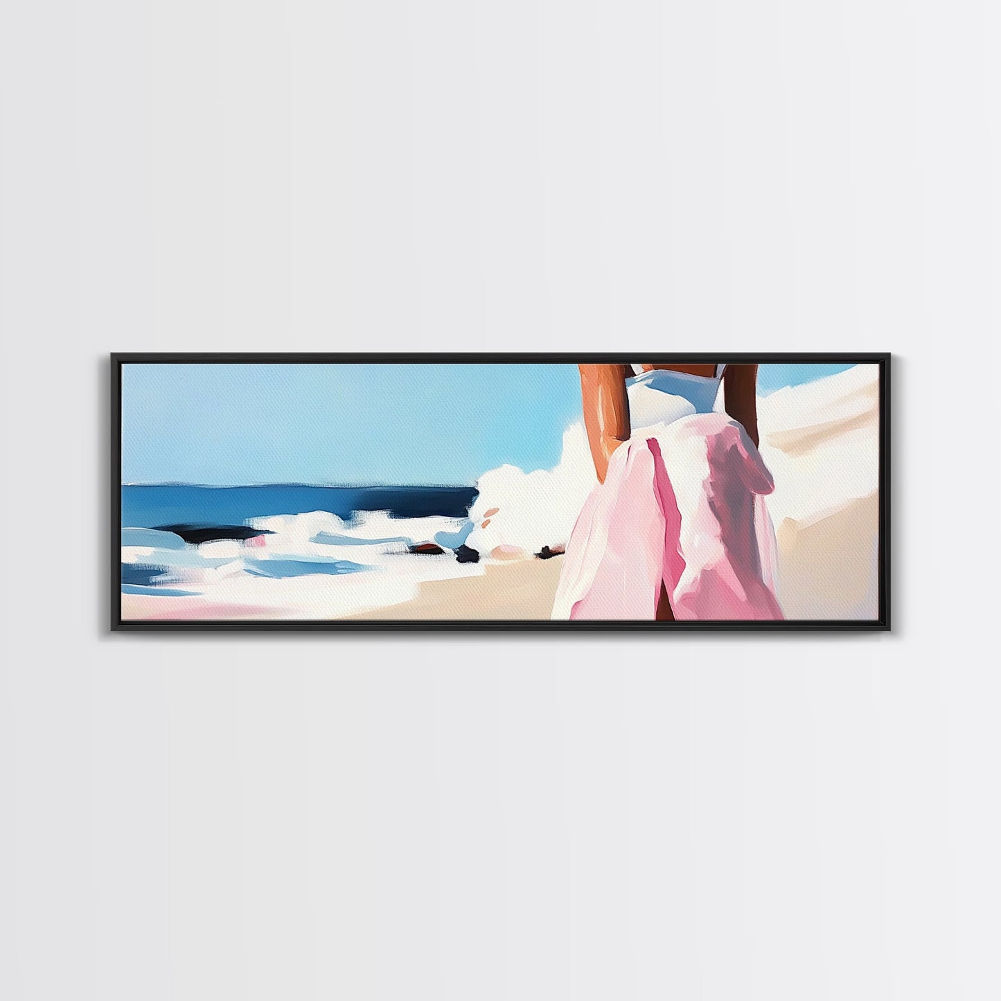 Ocean Waves, Pink Skirt, Windy Shoreline, Framed Canvas Print, Coastal Wall Art, Beach Home Decor, Minimalist Aesthetic, Ocean Scene
