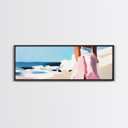 Ocean Waves, Pink Skirt, Windy Shoreline, Framed Canvas Print, Coastal Wall Art, Beach Home Decor, Minimalist Aesthetic, Ocean Scene