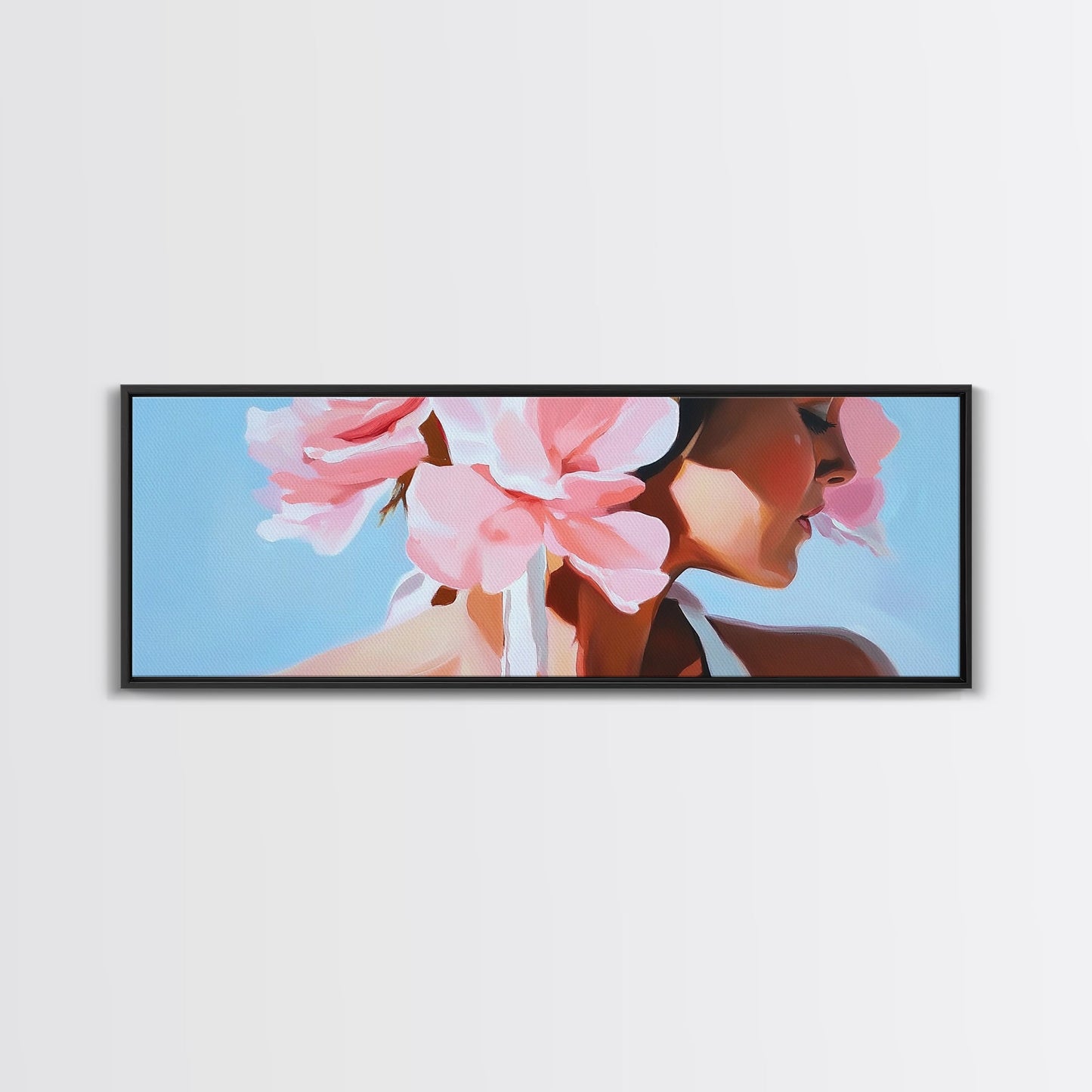 Floral Woman, Feminine Beauty, Elegant Portrait, Boho Canvas Print, Bedroom Wall Art, Modern Aesthetic, Pastel Pink Home Decor