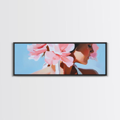 Floral Woman, Feminine Beauty, Elegant Portrait, Boho Canvas Print, Bedroom Wall Art, Modern Aesthetic, Pastel Pink Home Decor