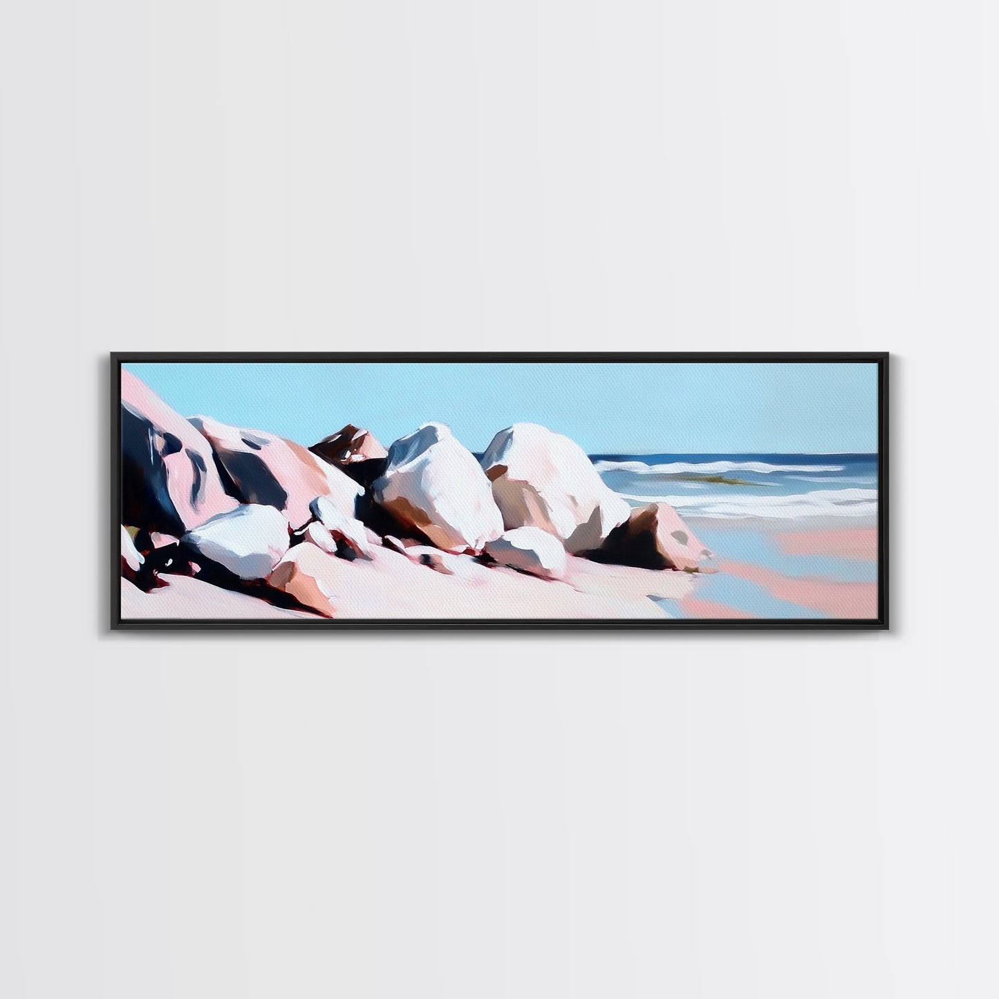 Ocean Rockscape, Tranquil Shoreline, Serene Nature Print, Coastal Art, Neutral Tones, Living Room Wall Decor, Framed Canvas Print