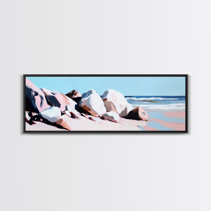 Ocean Rockscape, Tranquil Shoreline, Serene Nature Print, Coastal Art, Neutral Tones, Living Room Wall Decor, Framed Canvas Print